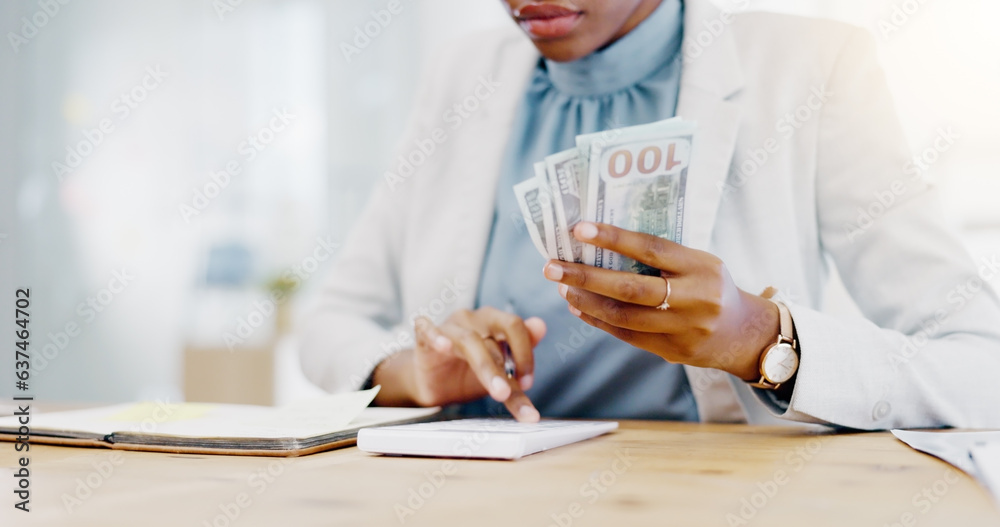 Black woman, calculator and money in business finance for budget, costs or expenses at the office desk. Hands of African female accountant counting and calculating cash on table for company profit Black woman, calculator and money in business finance for budget, costs or expenses at the office desk. Hands of African female accountant counting and calculating cash on table for company profit