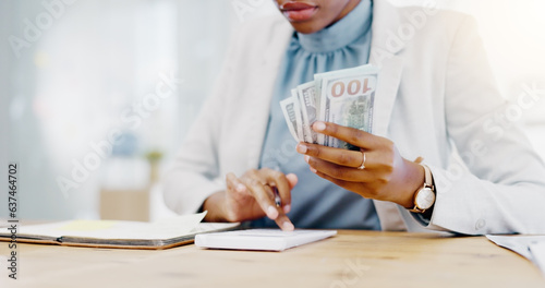 Black woman, calculator and money in business finance for budget, costs or expenses at the office desk. Hands of African female accountant counting and calculating cash on table for company profit