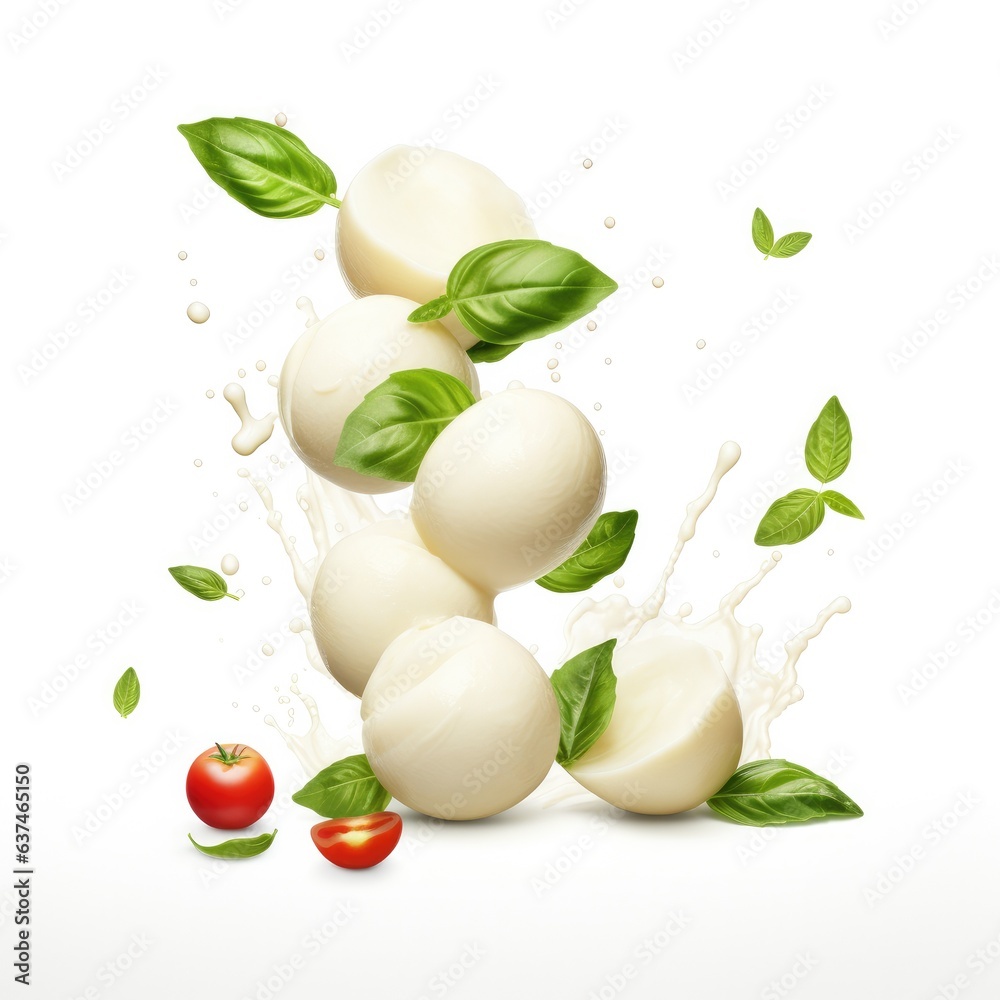 Falling mozzarella cheese isolated on white background. Generative AI.