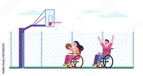 Girl and guy in wheelchairs playing basketball. Outdoor sports field. Disabled people throwing ball. Happy paralyzed man and woman on playground. Handicapped players. Vector concept
