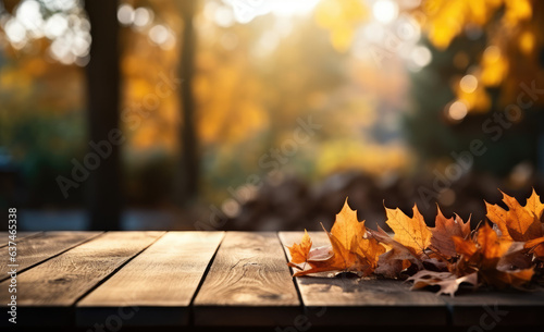 Autumn background on a wooden table with autumn leaves falling on it  photorealistic style.