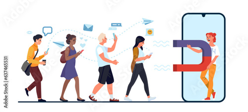 Girl attracts big magnet of subscribers. Generates leads. Phone screen. People following blogger with lodestone. Social media SMM technology. Subscription to influencer. Vector concept