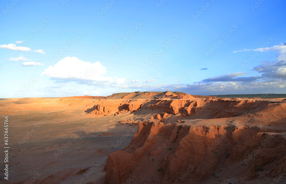 The rock formations of Bayanzag flaming cliff at sunset, Mongolia