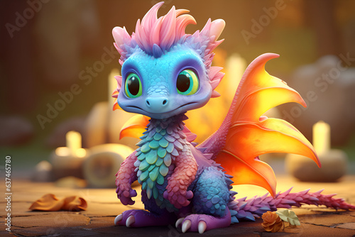 Adorable baby Dragon Cartoon Character: Perfect for Children's Merchandise, Books, and more. Super cute colorful little baby dragon with big black eyes. Fantasy monster. 3d illustration for children © Alina