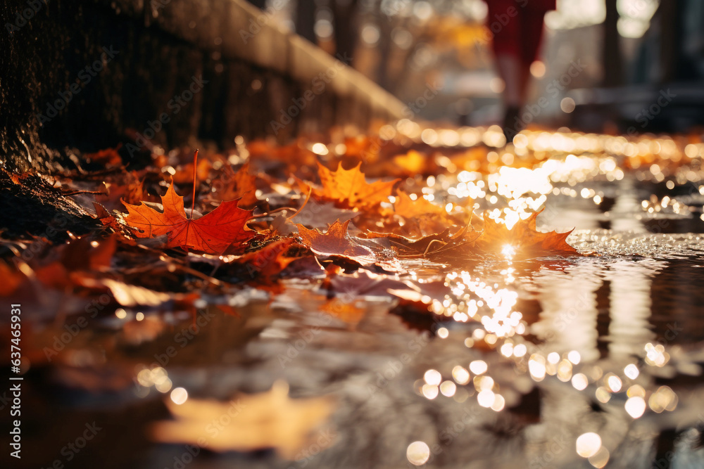 A girl walks on a wet pavement with autumn leaves A girl walks on a wet pavement with autumn leaves