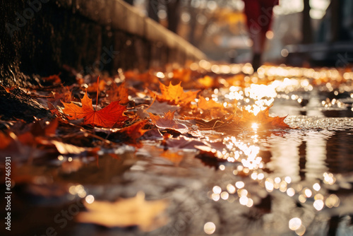 A girl walks on a wet pavement with autumn leaves 