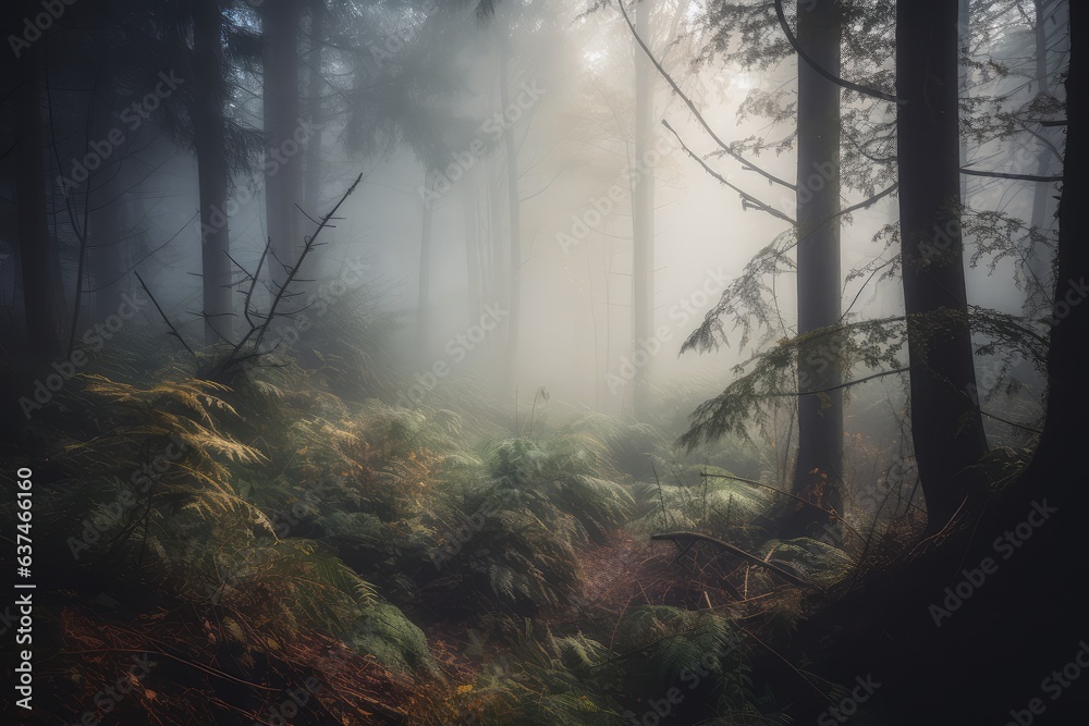 A misty forest with a dense canopy of trees