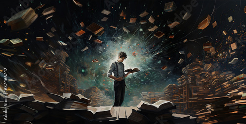 man reading flying books