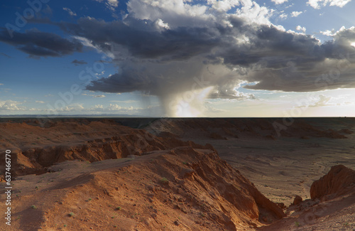 The rock formations of Bayanzag flaming cliff at sunset, Mongolia