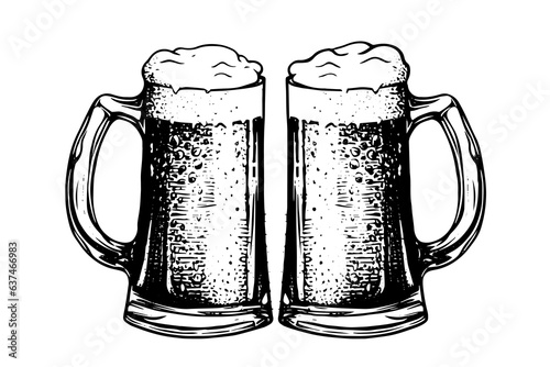 Two beer glasses with ale and lush foam.hand drawn ink sketch. Engraving vintage style vector illustration.