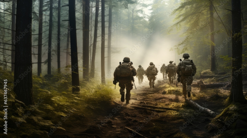 A group of armed US soldiers marching in forest. Ai generative. A group of armed US soldiers marching in forest. Ai generative.