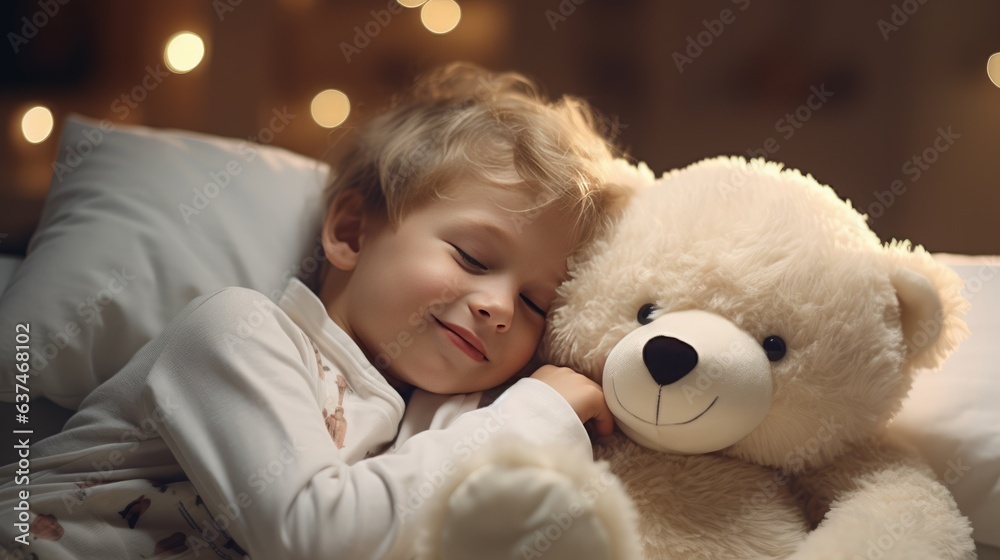 A little cute boy in white pajamas in bed with a teddy bear. AI generative. A little cute boy in white pajamas in bed with a teddy bear. AI generative.