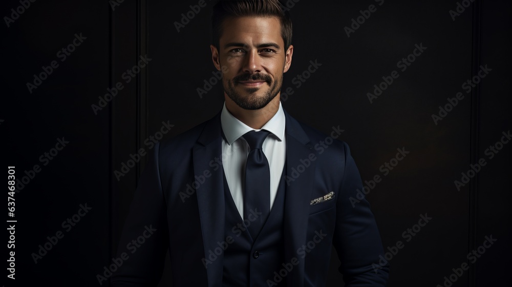 Portrait of a smiling man in a suit on dark background. AI generative. Portrait of a smiling man in a suit on dark background. AI generative.