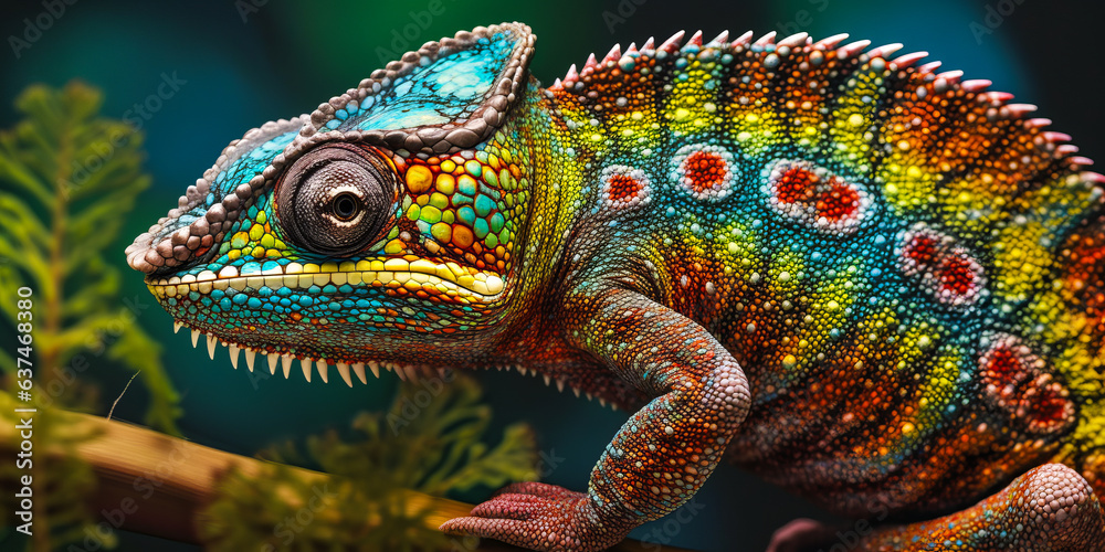 Obraz premium Vivid chameleon perched on twisted, moss-covered branch, with iridescent skin colors and captivating geometric background. Ideal for attention-grabbing scientific animal visuals.
