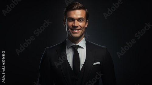 Portrait of a smiling man in a suit on dark background. AI generative.