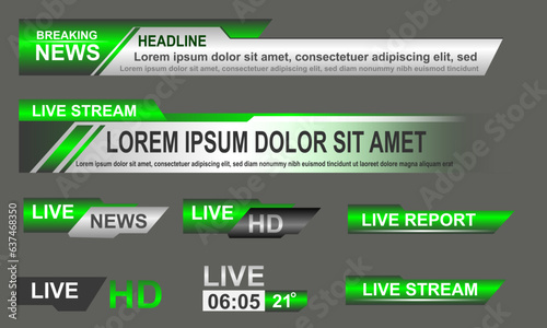 Broadcast News Lower Thirds Template layout green grey set collection design banner for bar Headline news title, sport game in Television, Video and Media Channel vector