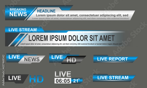 Broadcast News Lower Thirds Template layout blue grey set collection design banner for bar Headline news title, sport game in Television, Video and Media Channel vector