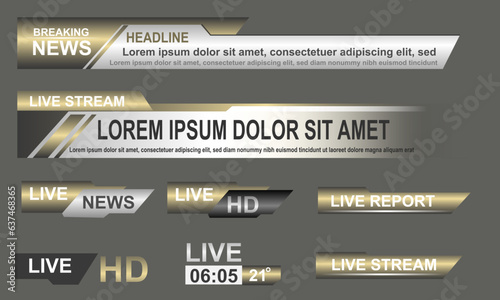 Broadcast News Lower Thirds Template layout gold grey set collection design banner for bar Headline news title, sport game in Television, Video and Media Channel vector