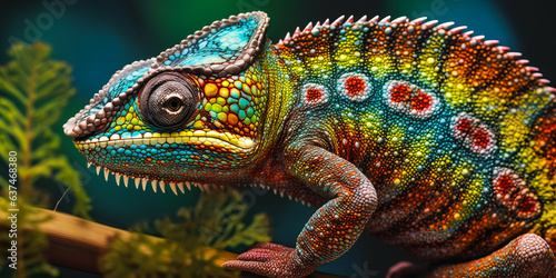 Vivid chameleon perched on twisted, moss-covered branch, with iridescent skin colors and captivating geometric background. Ideal for attention-grabbing scientific animal visuals. © XaMaps