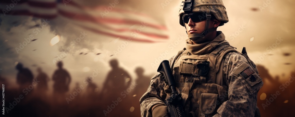 A US soldier in military uniform with soldiers on background. AI generative.