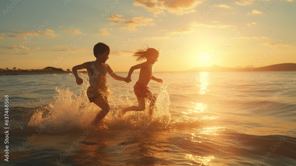 Fototapeta premium happy two children ,small boys on sunset sea run and play on beach and in sea water, sunbeam light refclection on wave splash drops