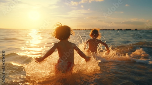happy two children ,small boys on sunset sea run and play on beach and in sea water, sunbeam light refclection on wave splash drops 