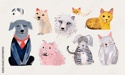 Many different funny cats and dogs in a childrens gouache drawing. Group of cute pets in a simple painting made by a child