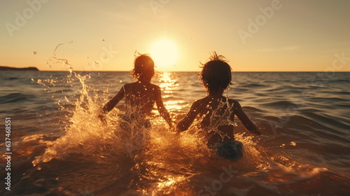 happy two children  small boys on sunset sea run and play on beach and in sea water  sunbeam light refclection on wave splash drops  