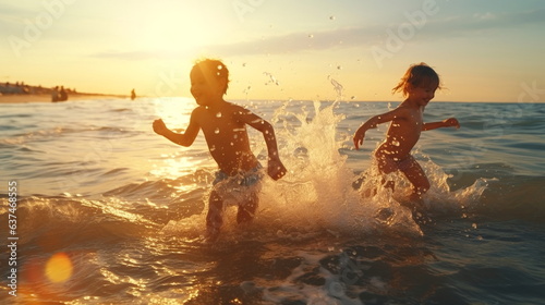 happy two children ,small boys on sunset sea run and play on beach and in sea water, sunbeam light refclection on wave splash drops  