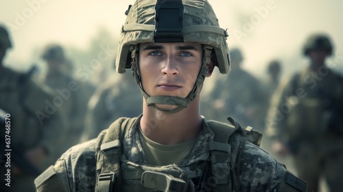 A US soldier in military uniform with soldiers on background. AI generative.