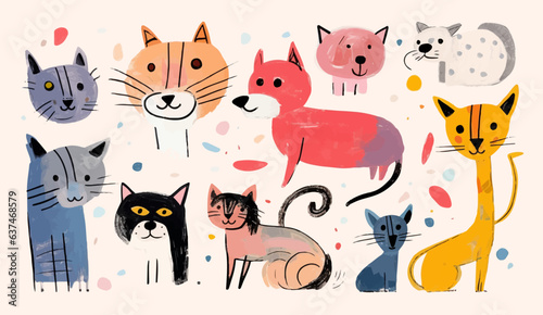 Many different funny cats and one dog in a childrens gouache drawing. Group of happy pets in a simple painting made by a child