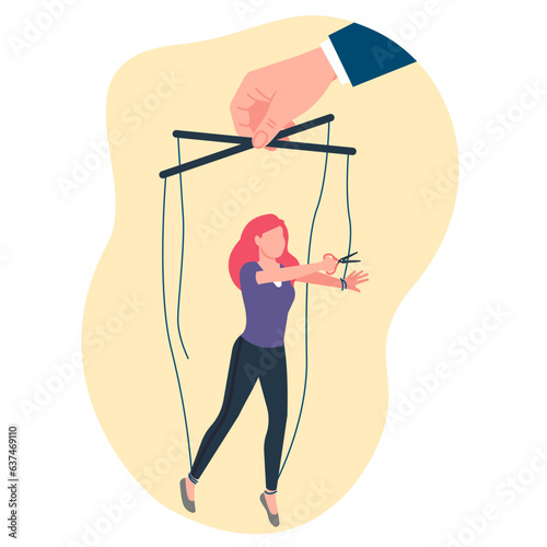 People getting rid of manipulation. Woman cuts threads with scissors. Victim girl tied to puppets hand. Marionette control. Freedom and independence. Manipulator arms. Vector concept