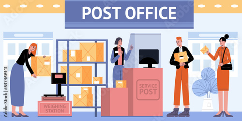 People in post office. Employees and visitors of mail delivery service. Costs calculation. Letters and parcels shipment. Weighing boxes on scales. Postman at counter. Vector concept