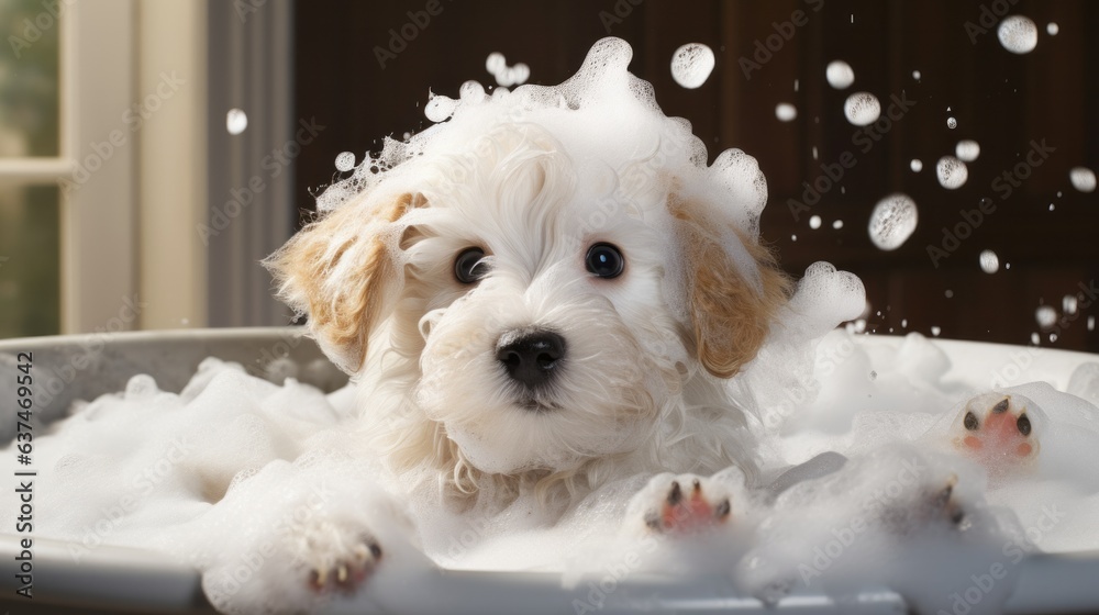 Baby puppy dog taking a bath full of soap foam. AI generative. - obrazy, fototapety, plakaty 