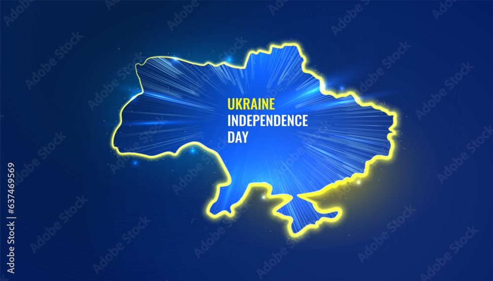 Independence Day of Ukraine concept in digital futuristic style. Map of the country with a light effect in the colors of the flag. Vector illustration of celebration banner