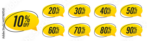Sale and discount labels. Label price. 10, 20, 30, 40, 50, 60, 70, 80, 90 percent sale. Speech bubble discount tag. Promotion and advertising. Vector illustration
