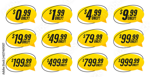 Discount price tag from 0.99 to 999.99 dollar set. Special sale offer advertising with price-off label template. Save money with clearance purchase shop product price sticker. Vector illustration