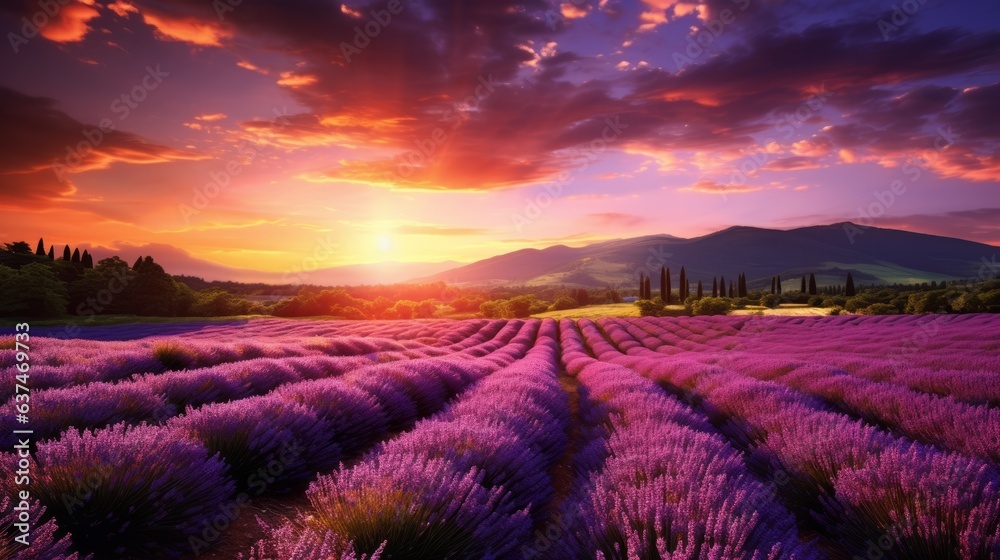 Beautiful lavender field with the sun setting. AI generative. Beautiful lavender field with the sun setting. AI generative.