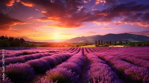Beautiful lavender field with the sun setting. AI generative.