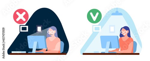 Proper and improper lighting of workplace. Woman working at desk with computer. Office table illuminated by lamp. Wrong and right light organization. Incorrect illumination. Vector concept
