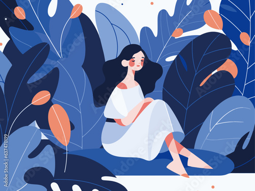 A woman sitting and sitting on her background in blue and large leaves.