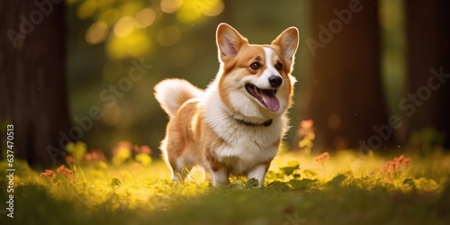 Smiling face cute lovely Welsh Corgi standing on the grass in a Summer park, Funny lovely pet dog, Dog on the background of nature, generative ai