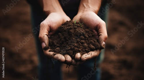 Close up of human hands holding compost soil, agriculture. AI generative.