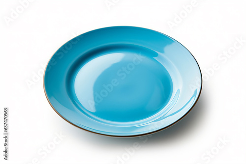 a blue plate with a gold rim on a white surface