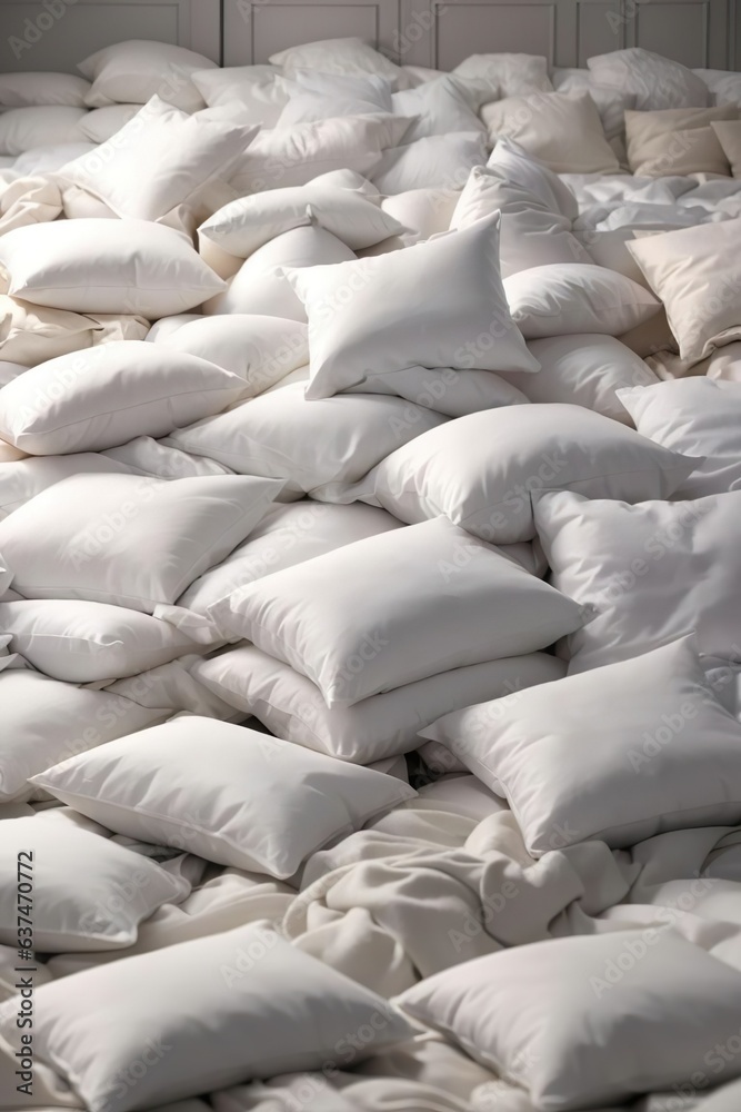 Fototapeta premium The white room with daylight is filled with down pillows