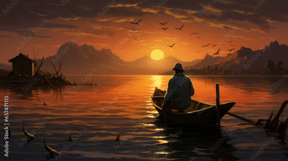 Fisherman with beautiful sunset illustration. AI generative.