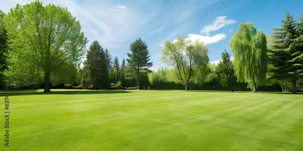 Beautiful wide format image of a manicured country lawn surrounded by trees and shrubs on a bright summer day. Spring summer nature wallpaper. generative AI