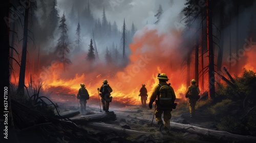 Firefighters fighting with forest fire. AI generative.