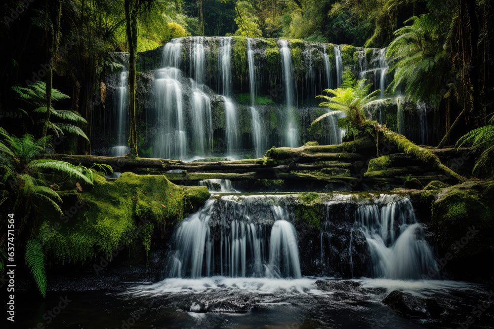 Majestic Waterfall Cascading in Lush Rainforest Majestic Waterfall Cascading in Lush Rainforest