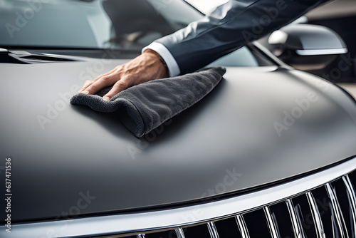 Exquisite car care: Precision in motion with microfiber cloth. High-quality stock photo